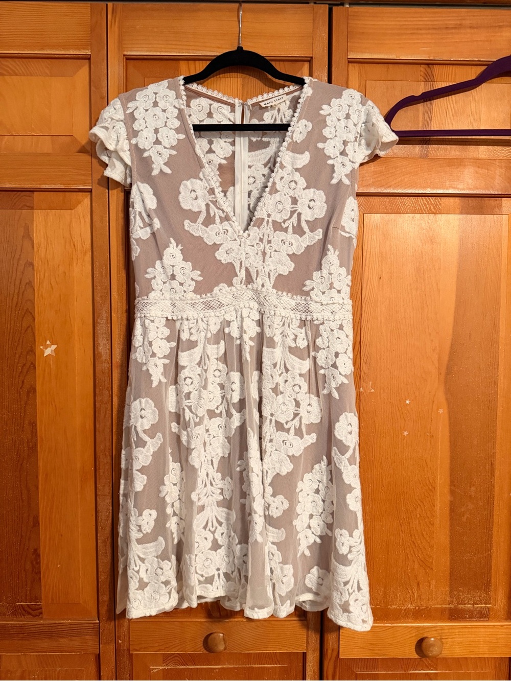 Main Strip Taupe Mini Dress with White Floral Lace